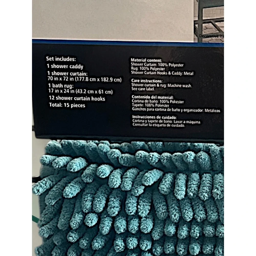 Mainstays 15 Piece Shower Set Teal Geometric Curtain‎ Rug Caddy Hooks
